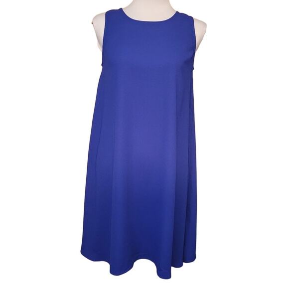 Halogen Blue Sleeveless Crew Neck Zip Back Career Modest Midi Trapeze Dress‎ -XS - Picture 1 of 6